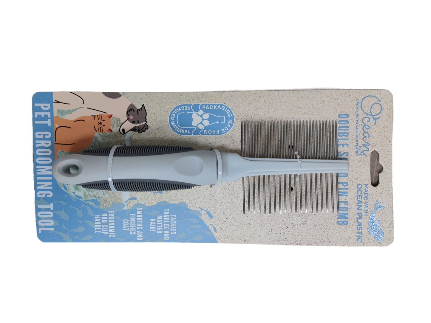 Ocean Plastic by PT Double-Sided Pin Comb for Pets, Eco-Friendly Grooming Tool for Dogs and Cats