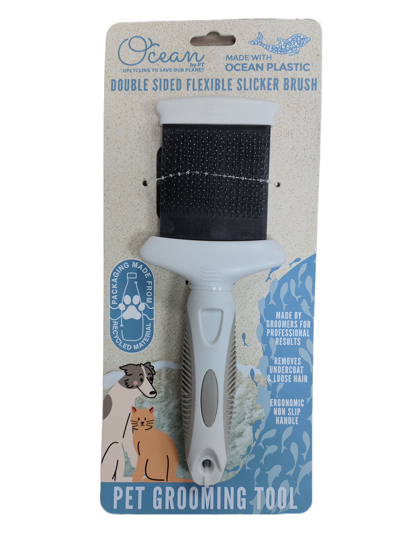 Ocean Plastic by PT Double-Sided Flexible Slicker Brush for Pets, Eco-Friendly Grooming Tool for Dogs and Cats