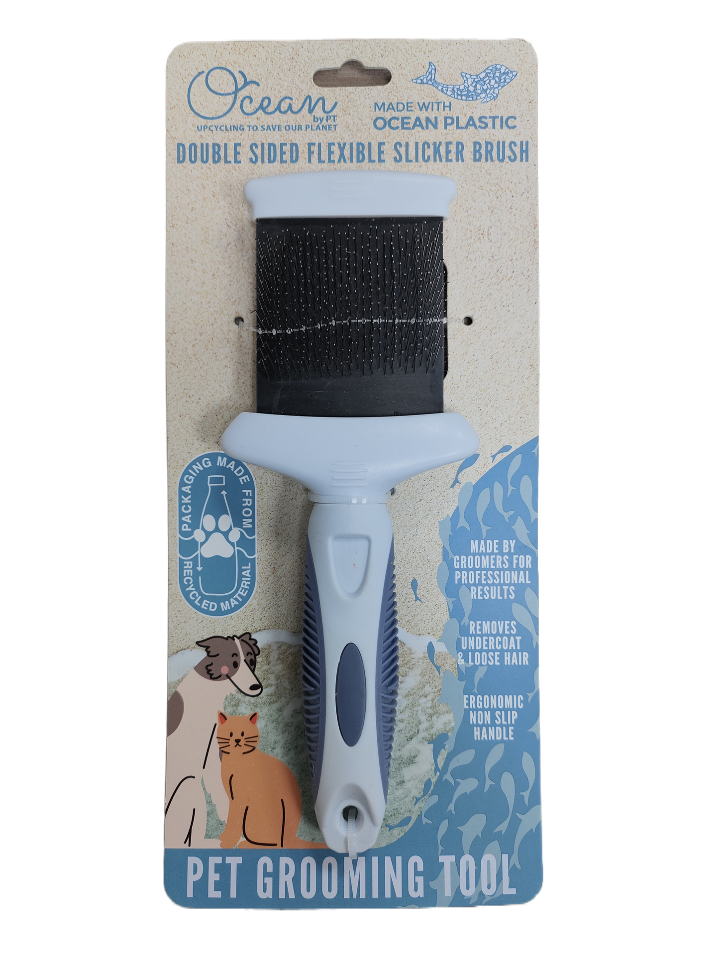 Ocean Plastic by PT Double-Sided Flexible Slicker Brush for Pets, Eco-Friendly Grooming Tool for Dogs and Cats