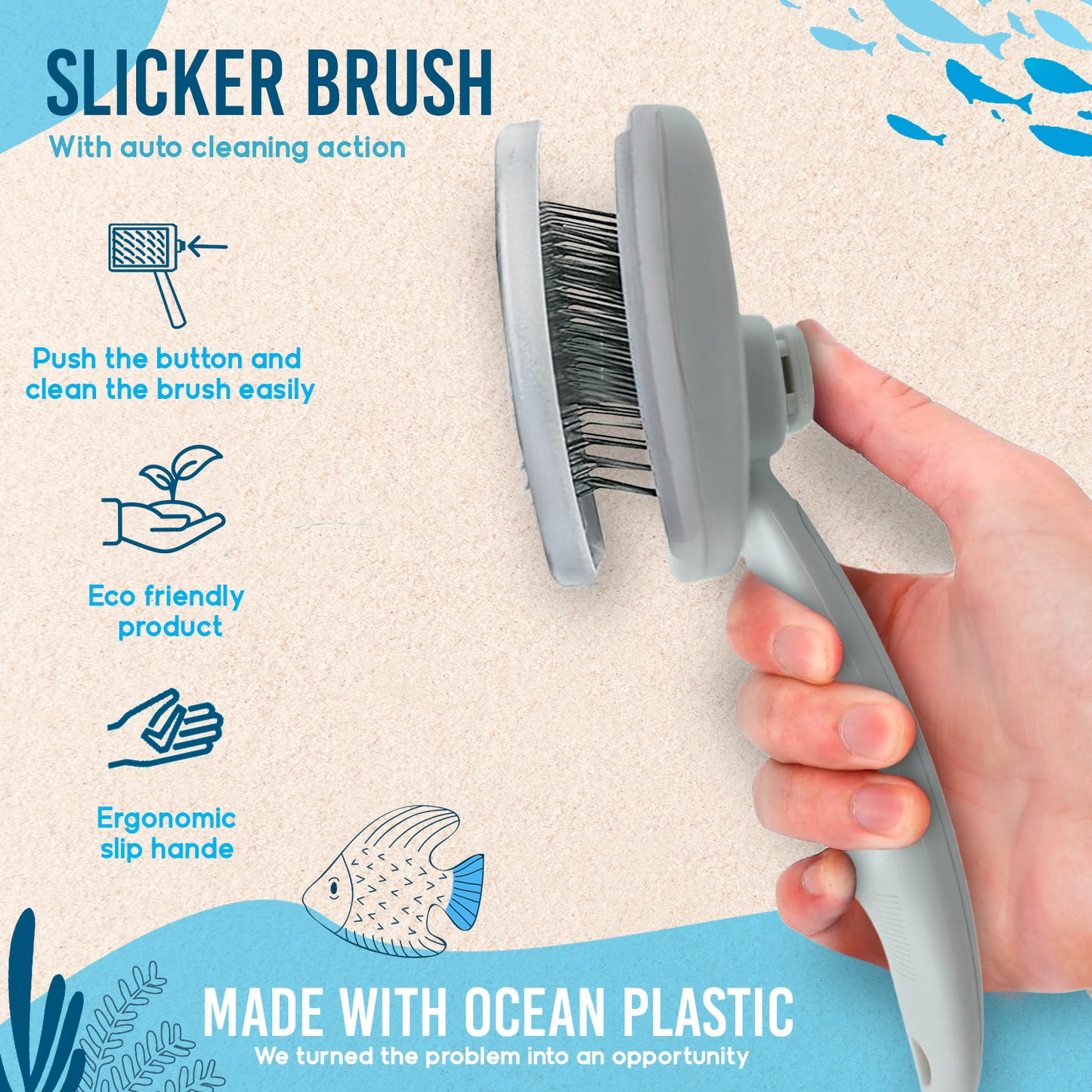 Ocean Plastic by PT Self-Cleaning Slicker Brush for Pets, Retractable Head, Eco-Friendly Grooming Tool for Dogs and Cats