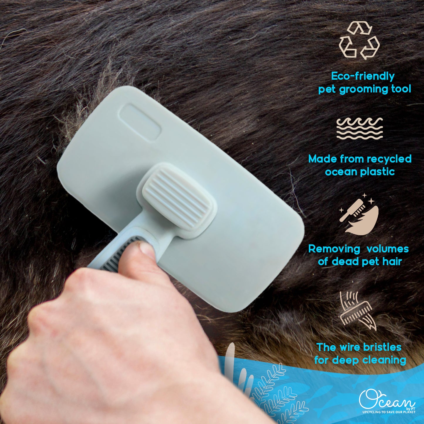 Ocean Plastic by PT Self-Cleaning Slicker Brush for Pets, Retractable Head, Eco-Friendly Grooming Tool for Dogs and Cats