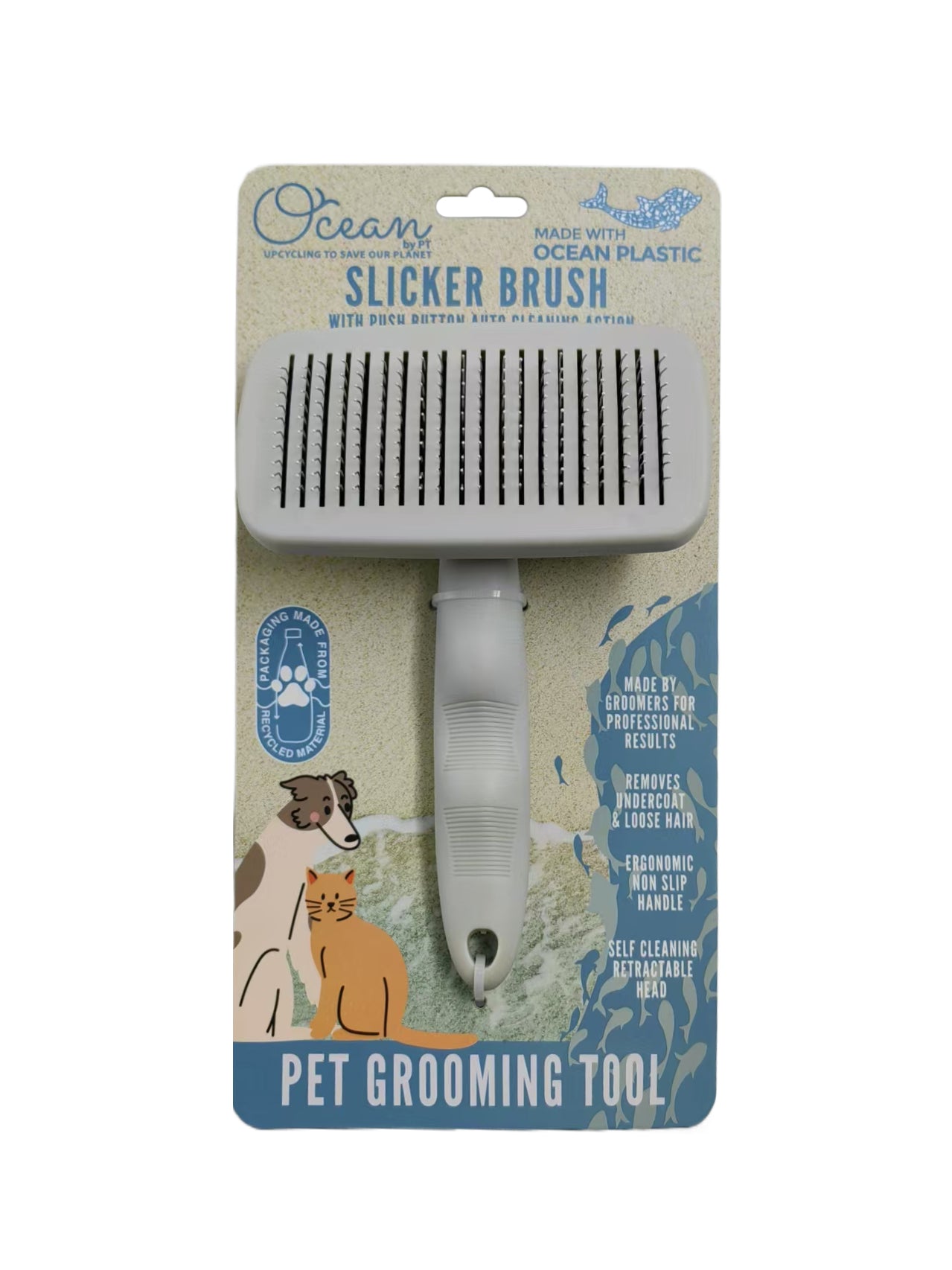 Ocean Plastic by PT Self-Cleaning Slicker Brush for Pets, Retractable Head, Eco-Friendly Grooming Tool for Dogs and Cats