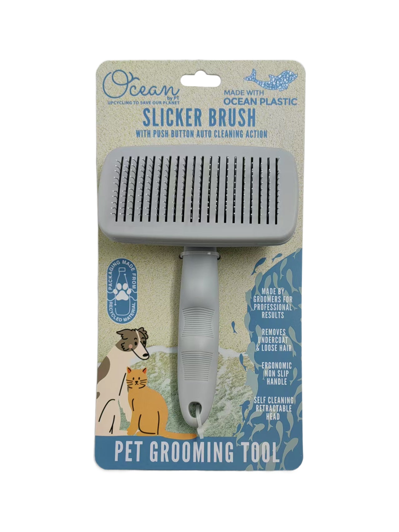 Ocean Plastic by PT Self-Cleaning Slicker Brush for Pets, Retractable Head, Eco-Friendly Grooming Tool for Dogs and Cats