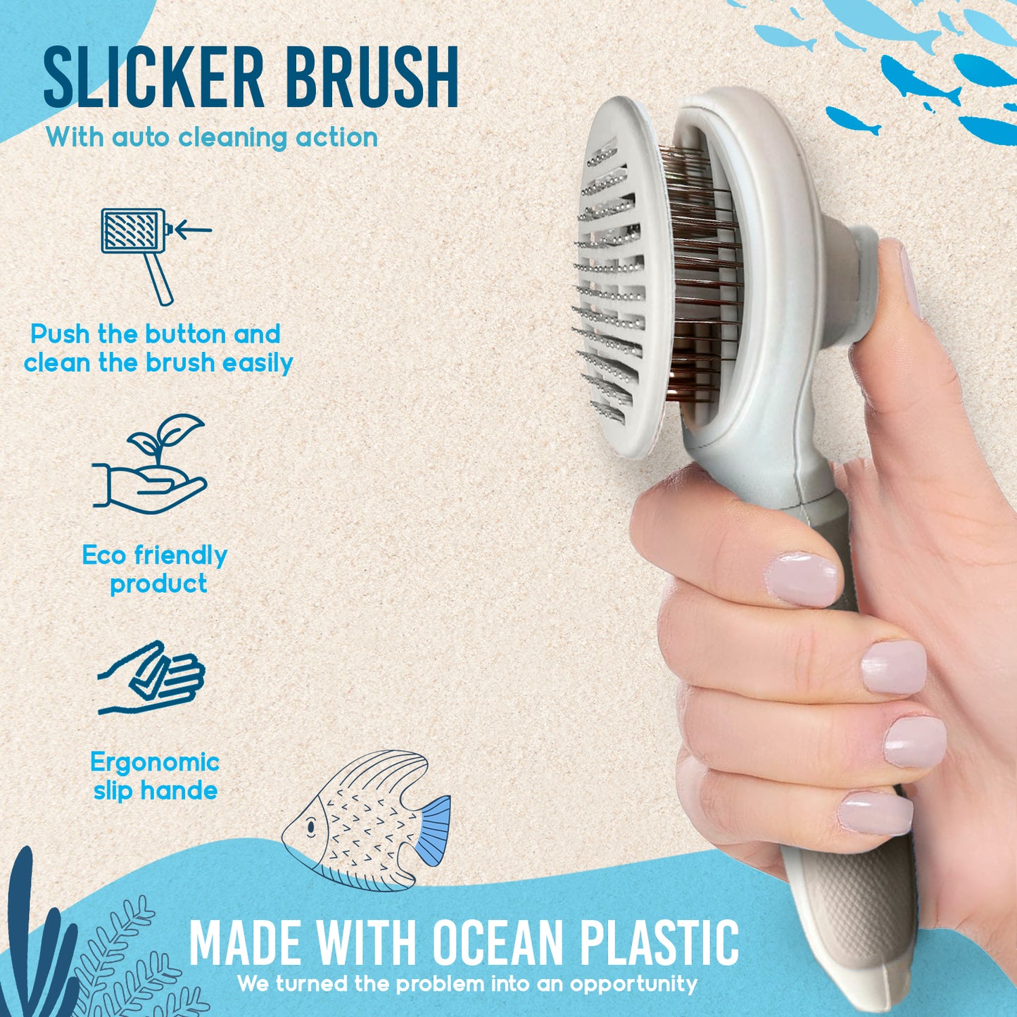 Ocean Plastic by PT Self-Cleaning Pin Slicker Brush, Retractable Head, Eco-Friendly Grooming Tool for Dogs and Cats