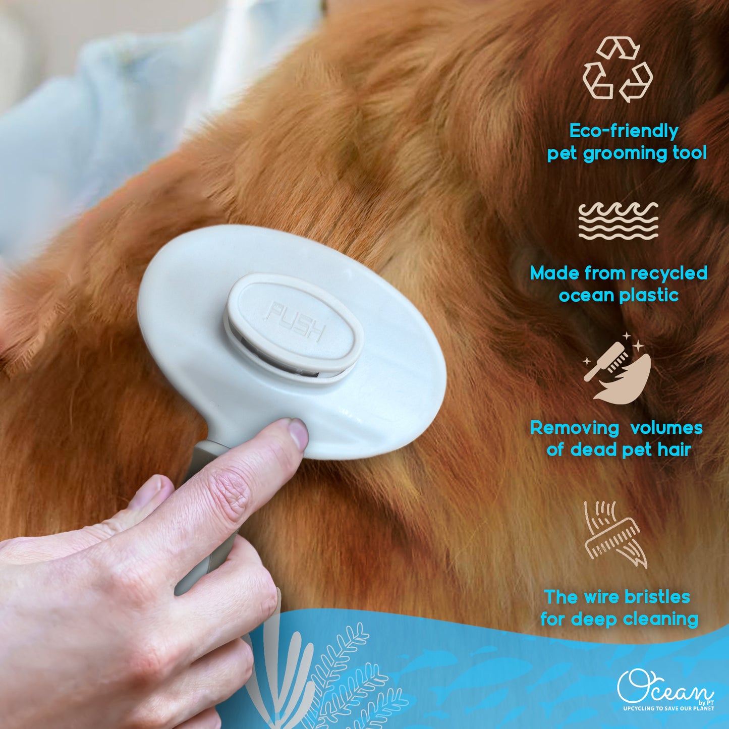 Ocean Plastic by PT Self-Cleaning Pin Slicker Brush, Retractable Head, Eco-Friendly Grooming Tool for Dogs and Cats