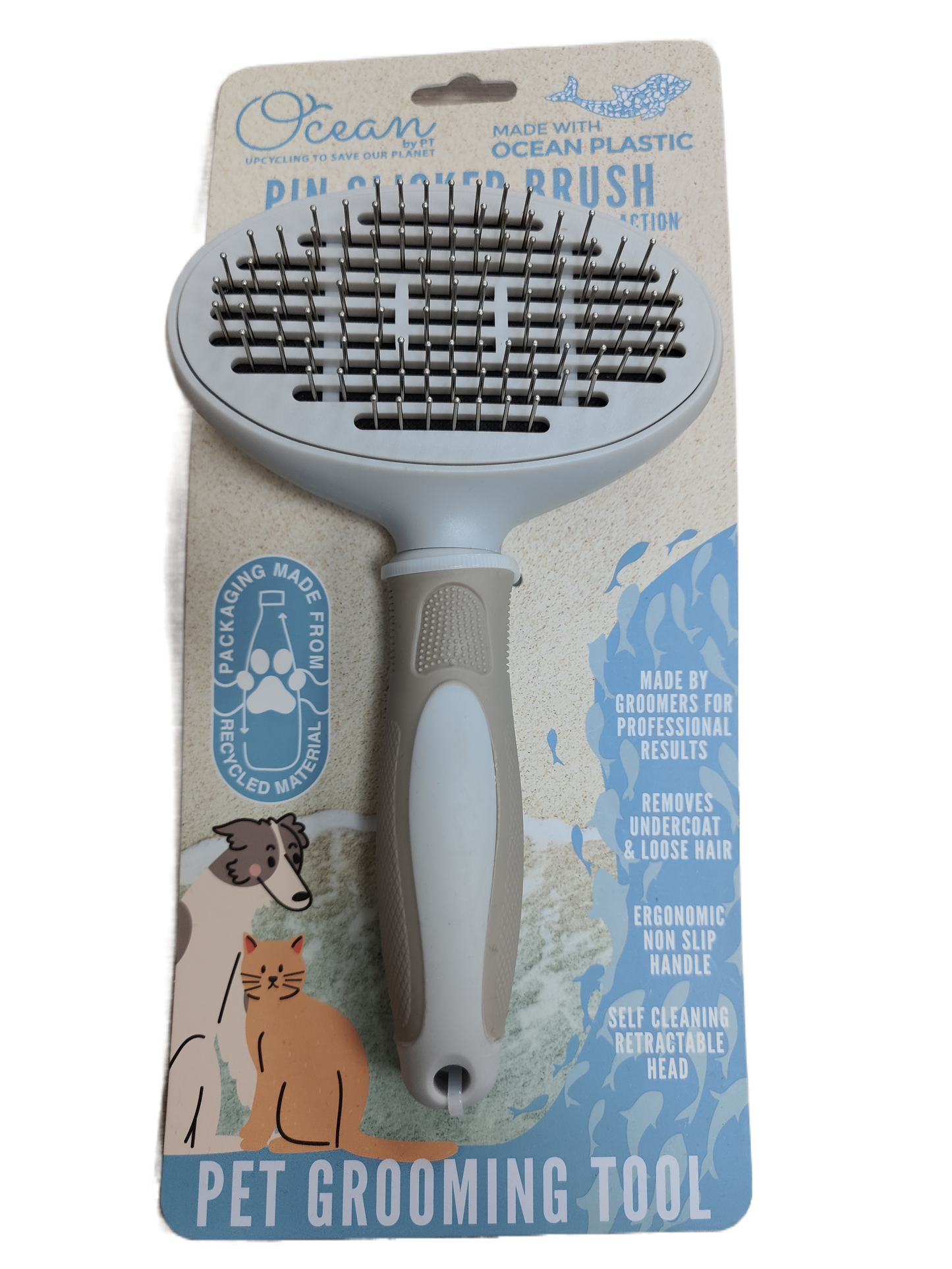 Ocean Plastic by PT Self-Cleaning Pin Slicker Brush, Retractable Head, Eco-Friendly Grooming Tool for Dogs and Cats