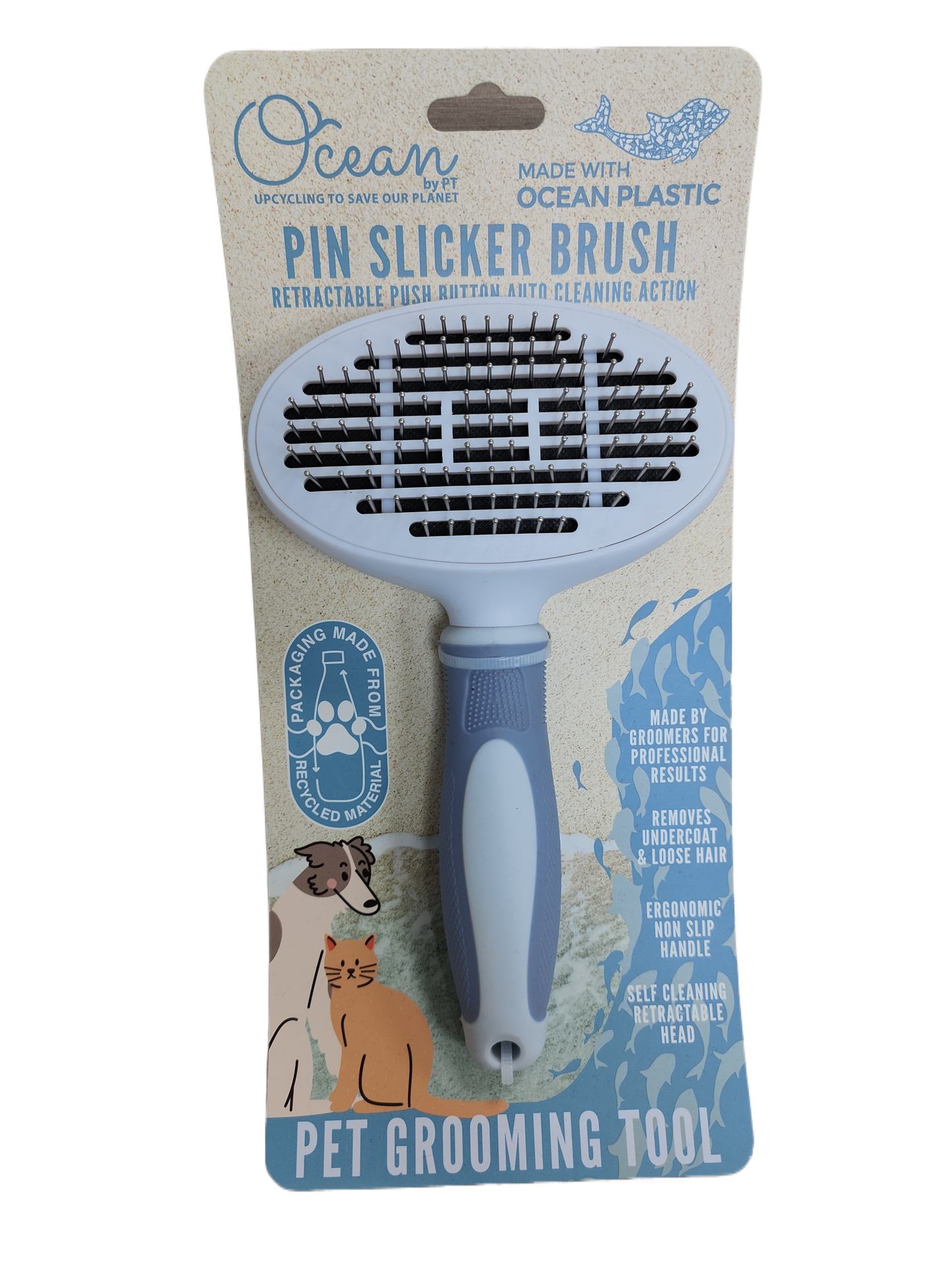 Ocean Plastic by PT Self-Cleaning Pin Slicker Brush, Retractable Head, Eco-Friendly Grooming Tool for Dogs and Cats