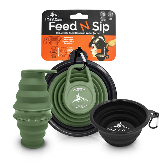 Pilot & Scout Feed N Sip Collapsible Dog Bowl and Water Bottle, Portable Travel Feeding Solution for Pets