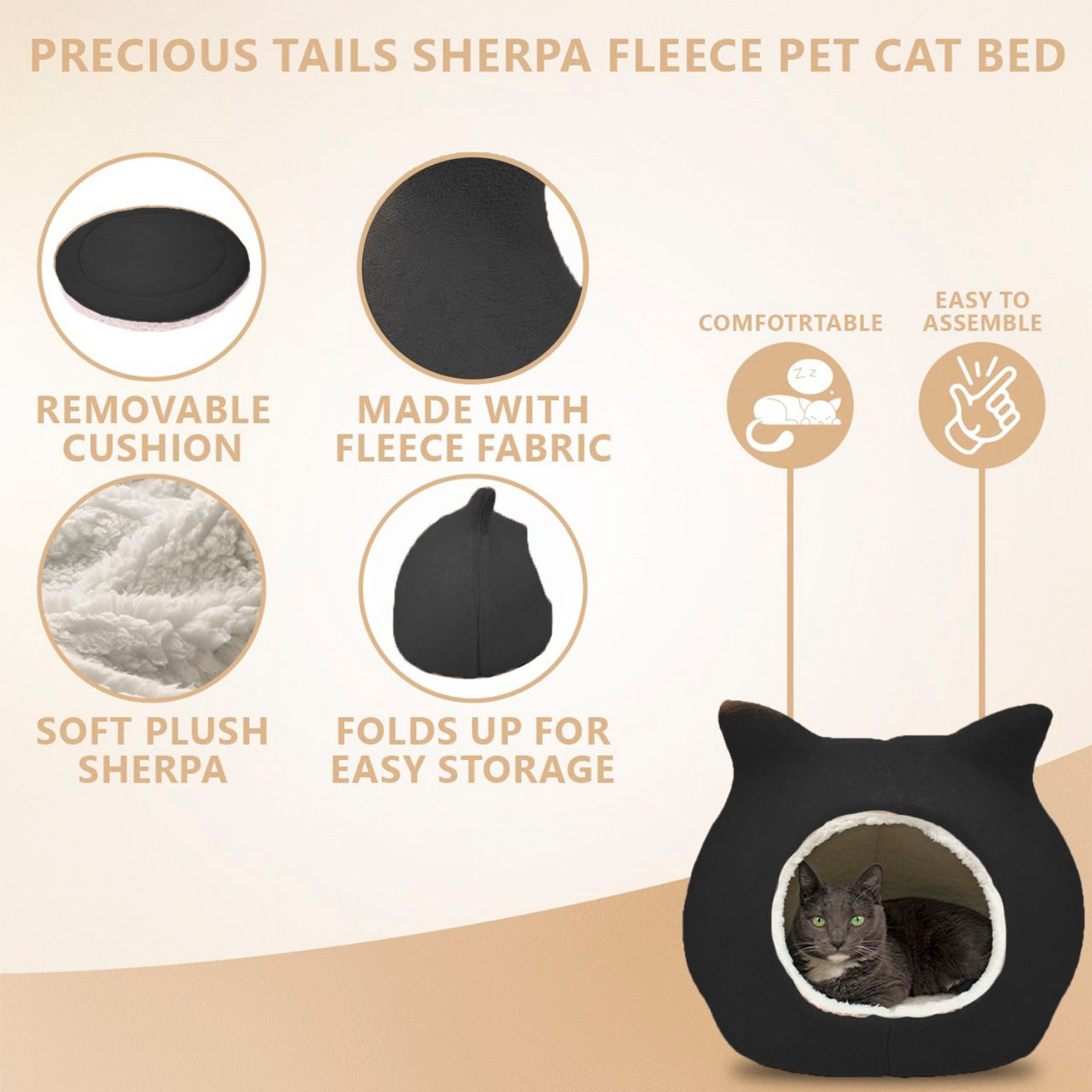 Details Cat Bed, Cave Beds for Cats, Sherpa Fleece Cat House/Tent with Removable Cushion for Pet Kittens