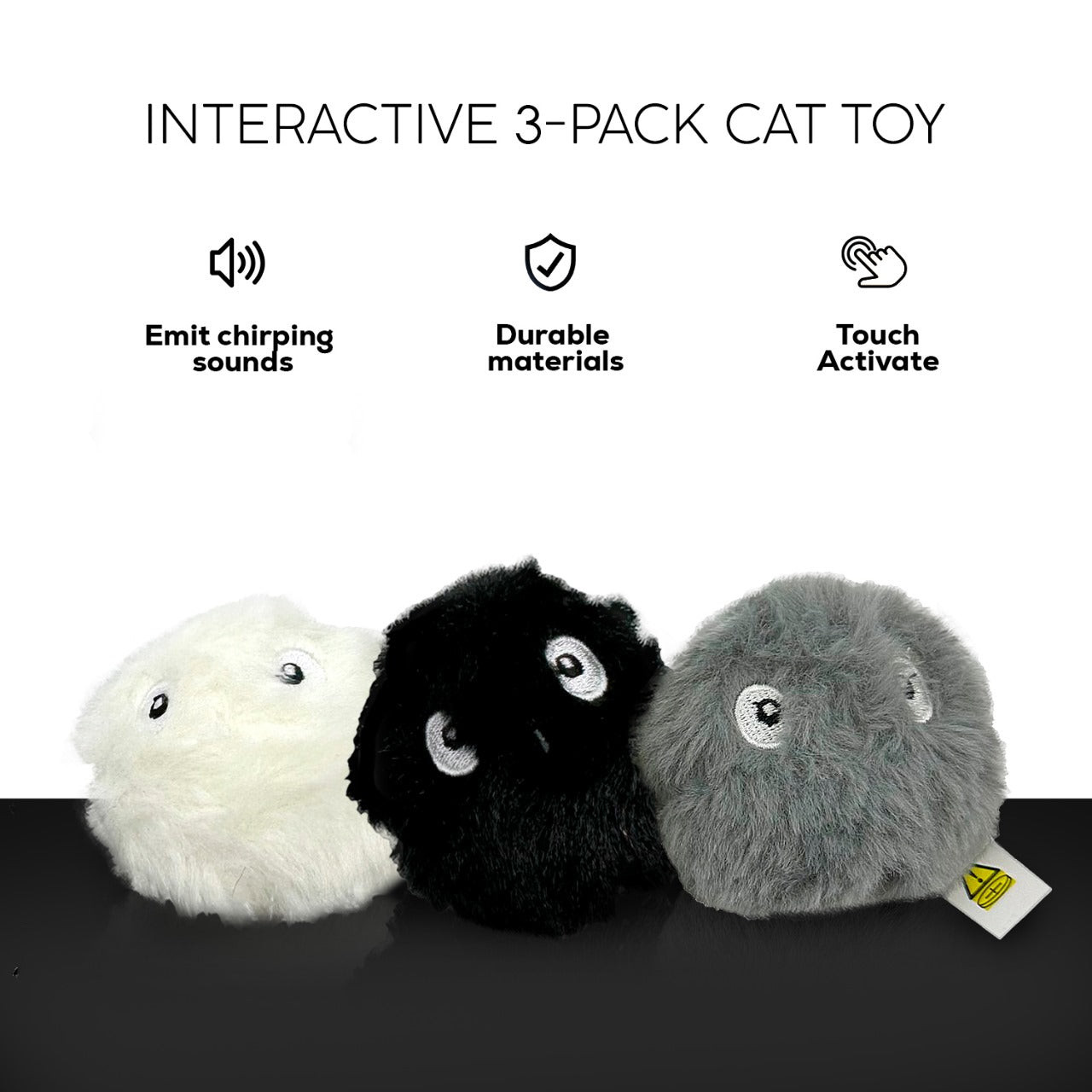 P.T. Supply Co. Chirp N Play Fluffy Kitty Balls, Interactive Cat Toy 3-Pack with Sound