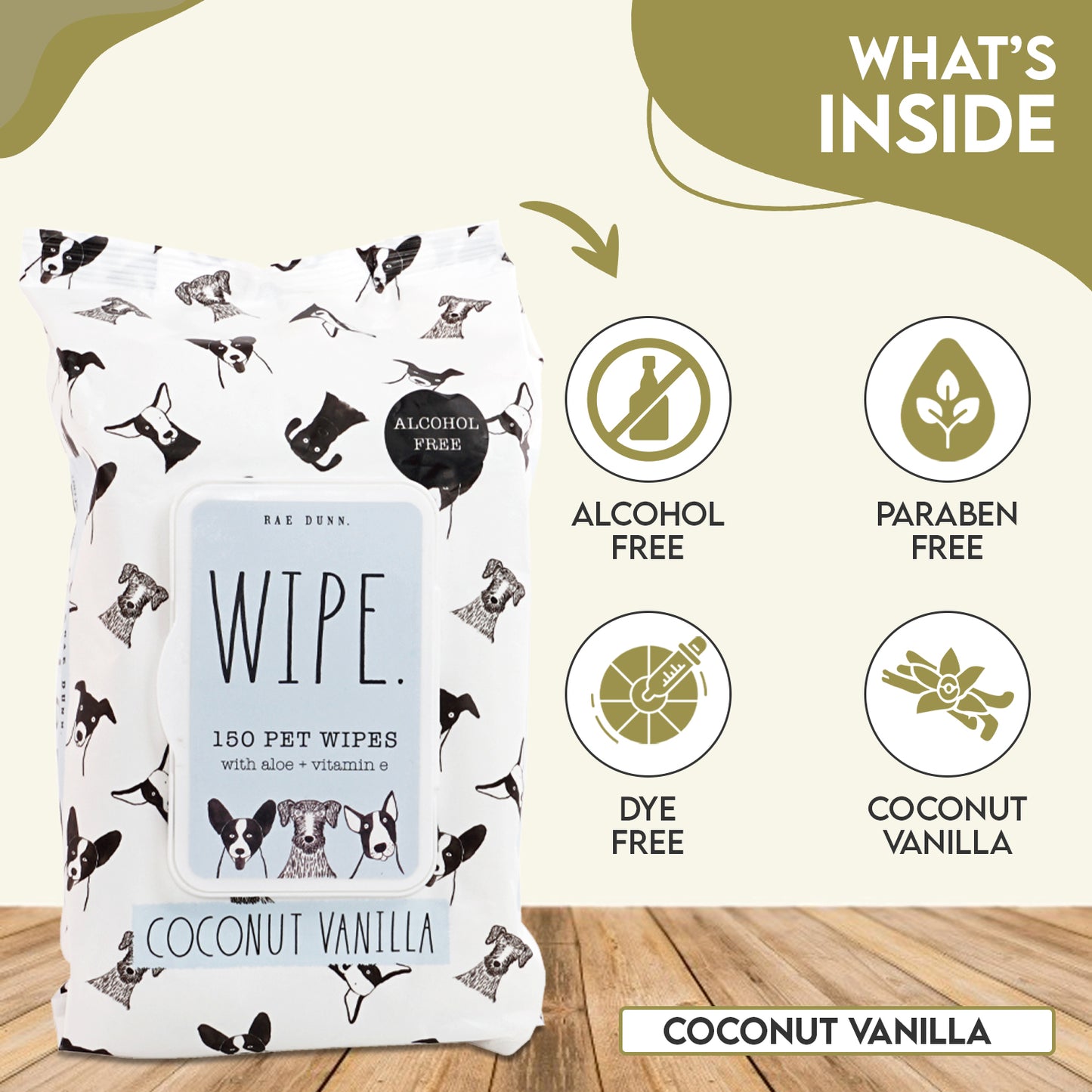 Rae Dunn "WIPE" Pet Wipes with Aloe and Vitamin E, Coconut Vanilla Scent