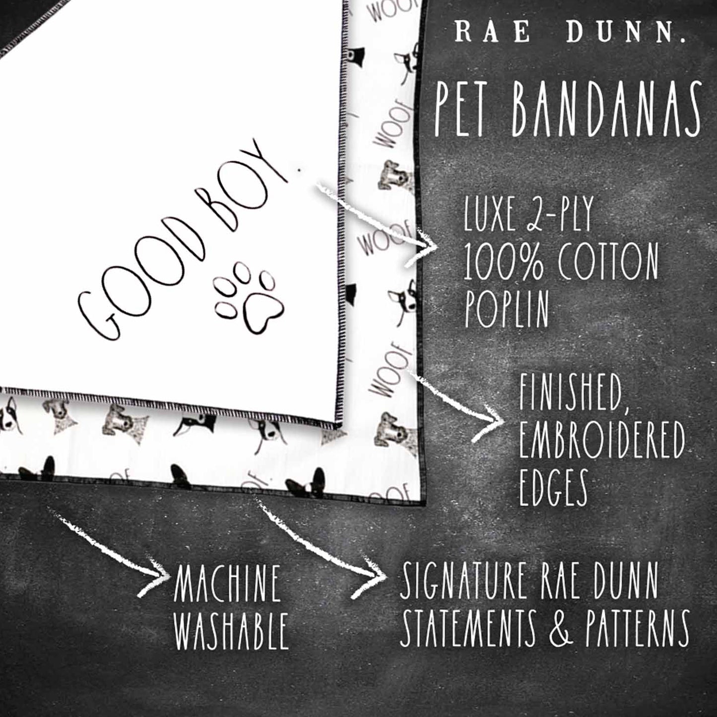 Rae Dunn GOOD BOY Woof and Wilma Dog Bandana -  Pet Bandanas, Handkerchief Scarf for Dogs, 100% Cotton, Machine Washable (2-Pack)