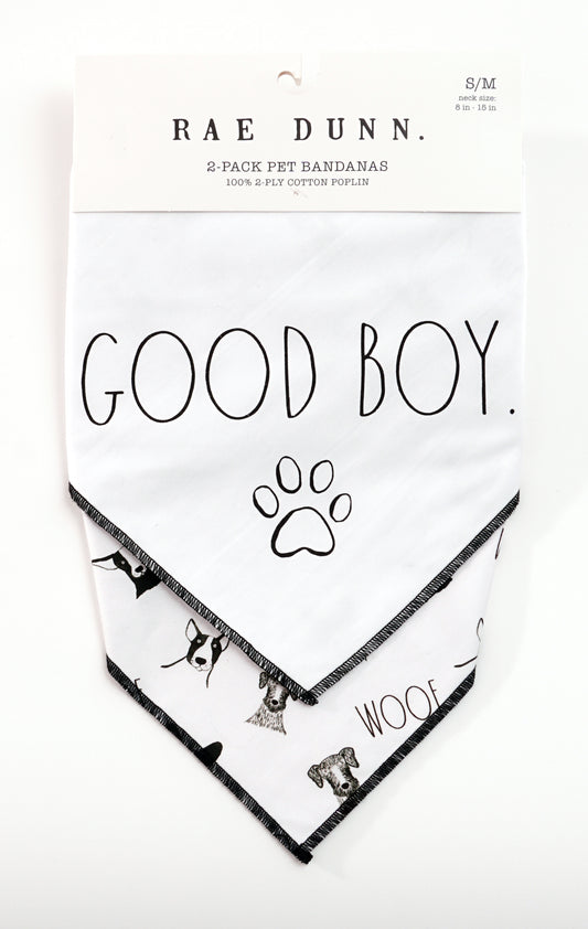 Rae Dunn GOOD BOY Woof and Wilma Dog Bandana -  Pet Bandanas, Handkerchief Scarf for Dogs, 100% Cotton, Machine Washable (2-Pack)