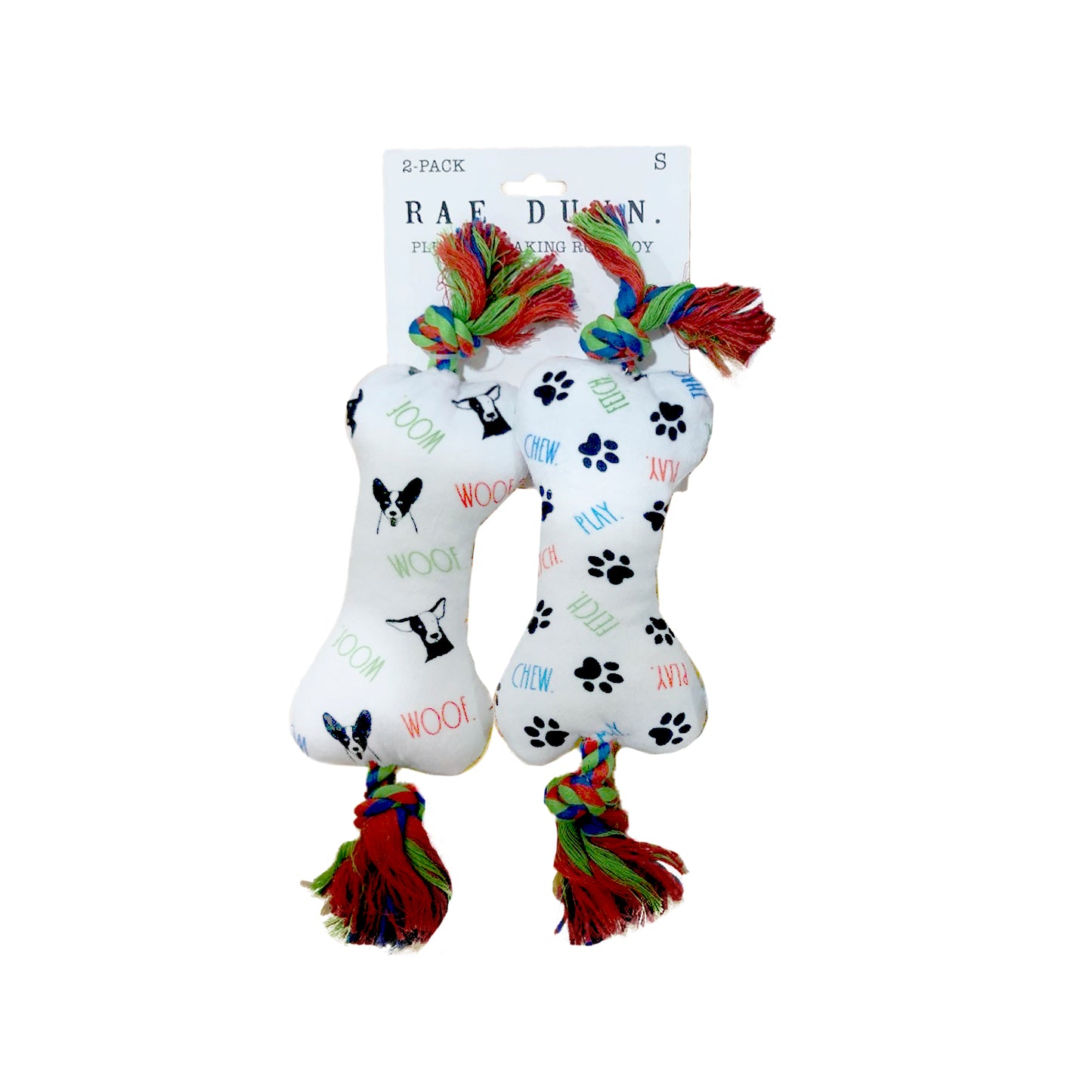 Rae Dunn 2-Pack Small Bone Rope Dog Toys with Squeakers, Featuring 'Woof' and 'Dogs All Over' Print