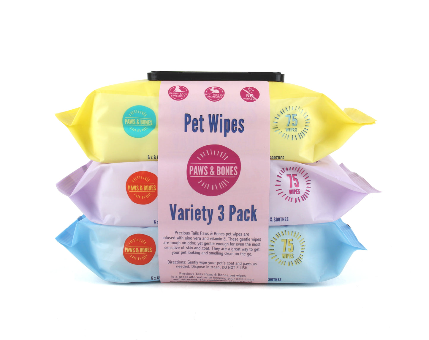 Paws & Bones Pet Wipes for Dogs and Cats in 3-Pack - Grooming Wipes for Butt, Paw, Fur, Eyes, Ears, Face Infused with Aloe & Vitamin E, Gentle Cleansing, Hygienic Cleaning