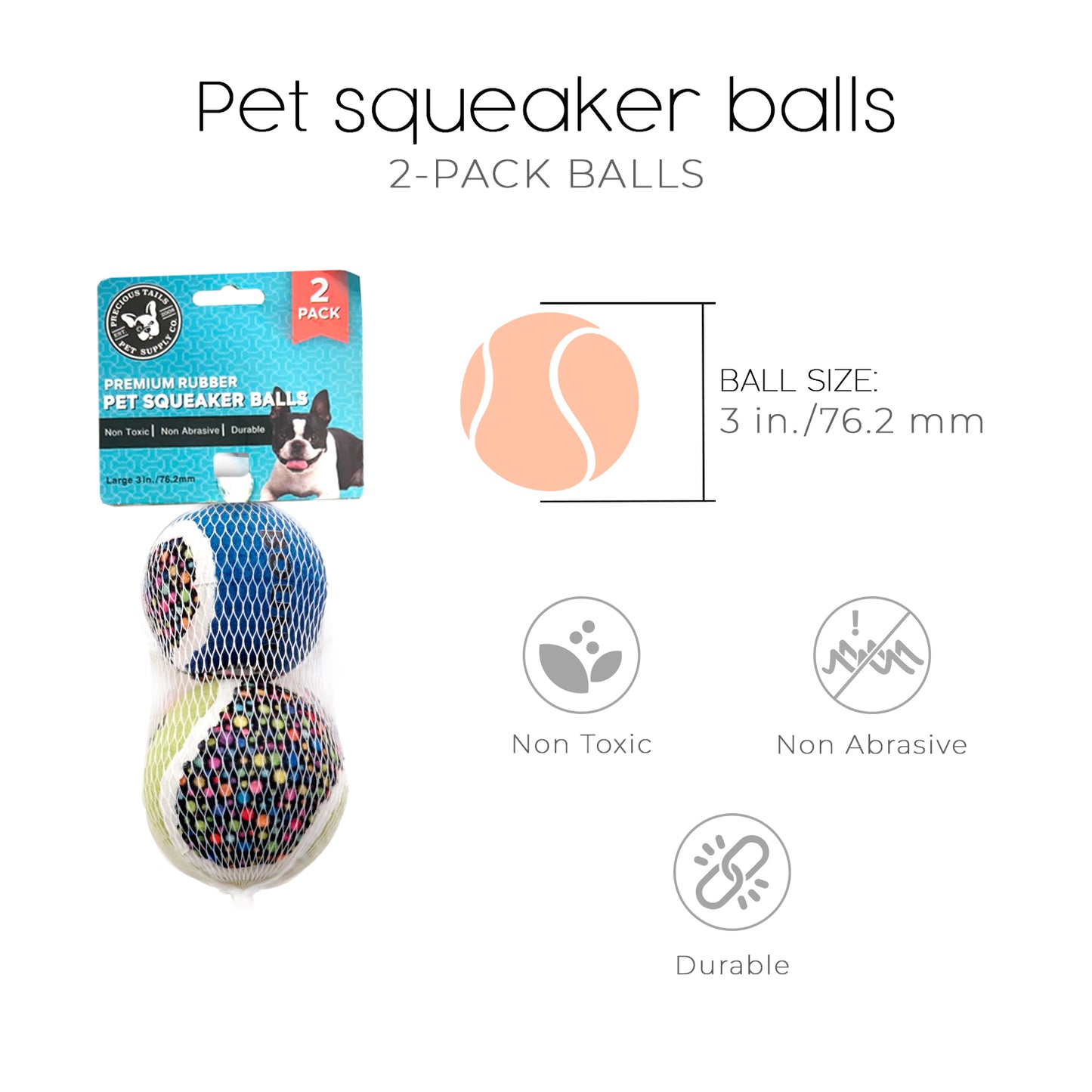 Precious Tails 2-Pack High-Bounce Pet Tennis Balls with Woof and Bounce Print