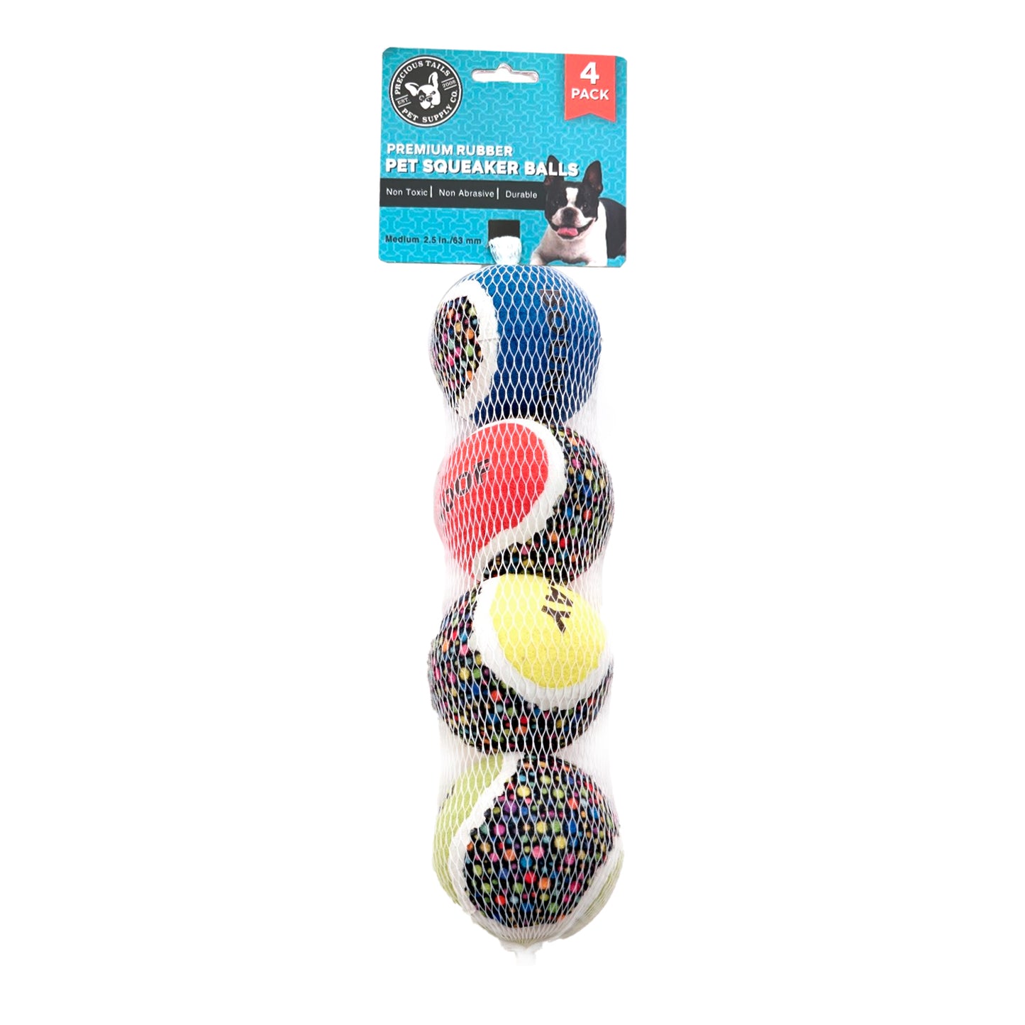 Precious Tails 4-Pack High-Bounce Pet Tennis Balls with different Prints