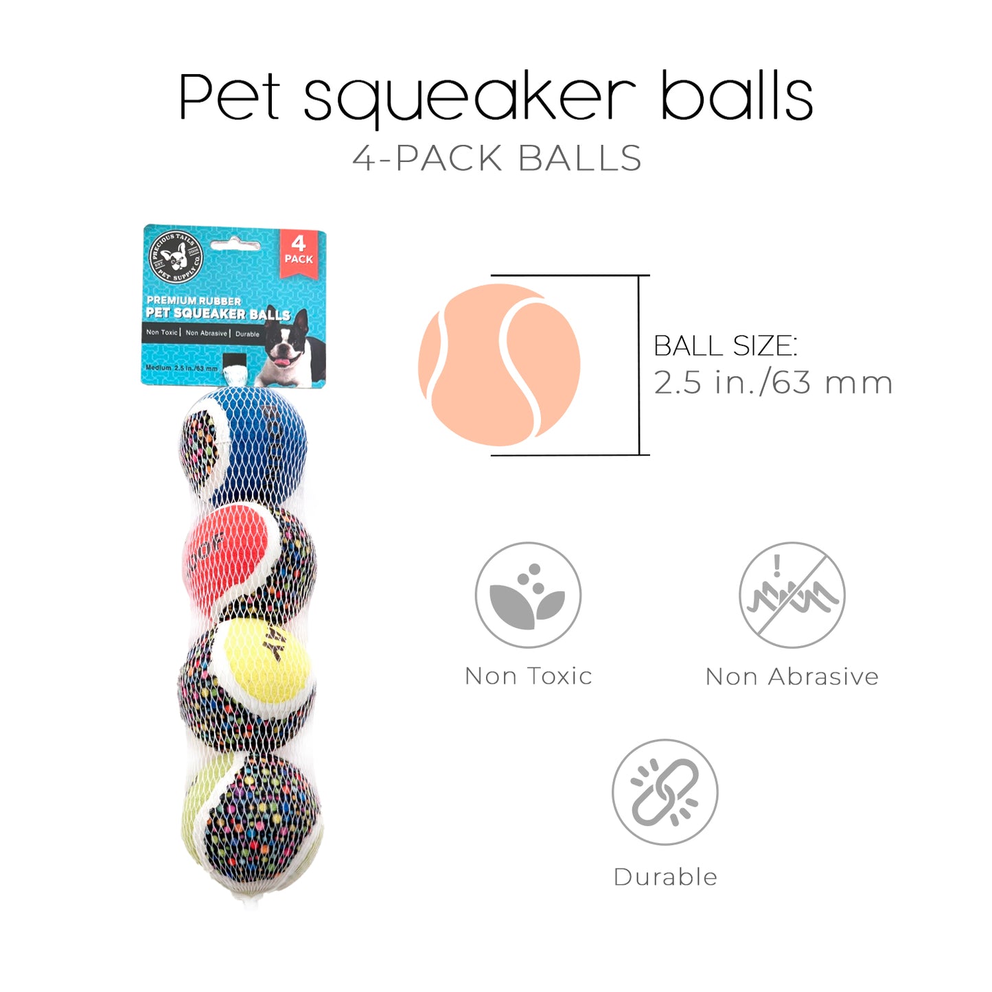 Precious Tails 4-Pack High-Bounce Pet Tennis Balls with different Prints