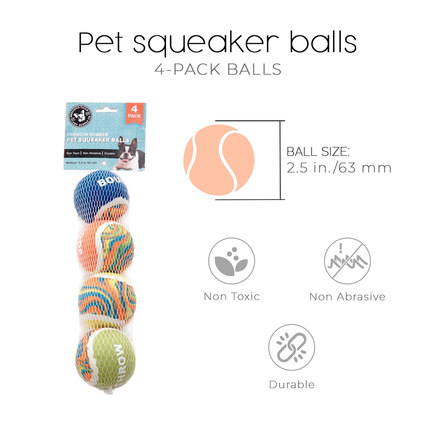 Precious Tails 4-Pack High-Bounce Pet Tennis Balls with Multi Prints