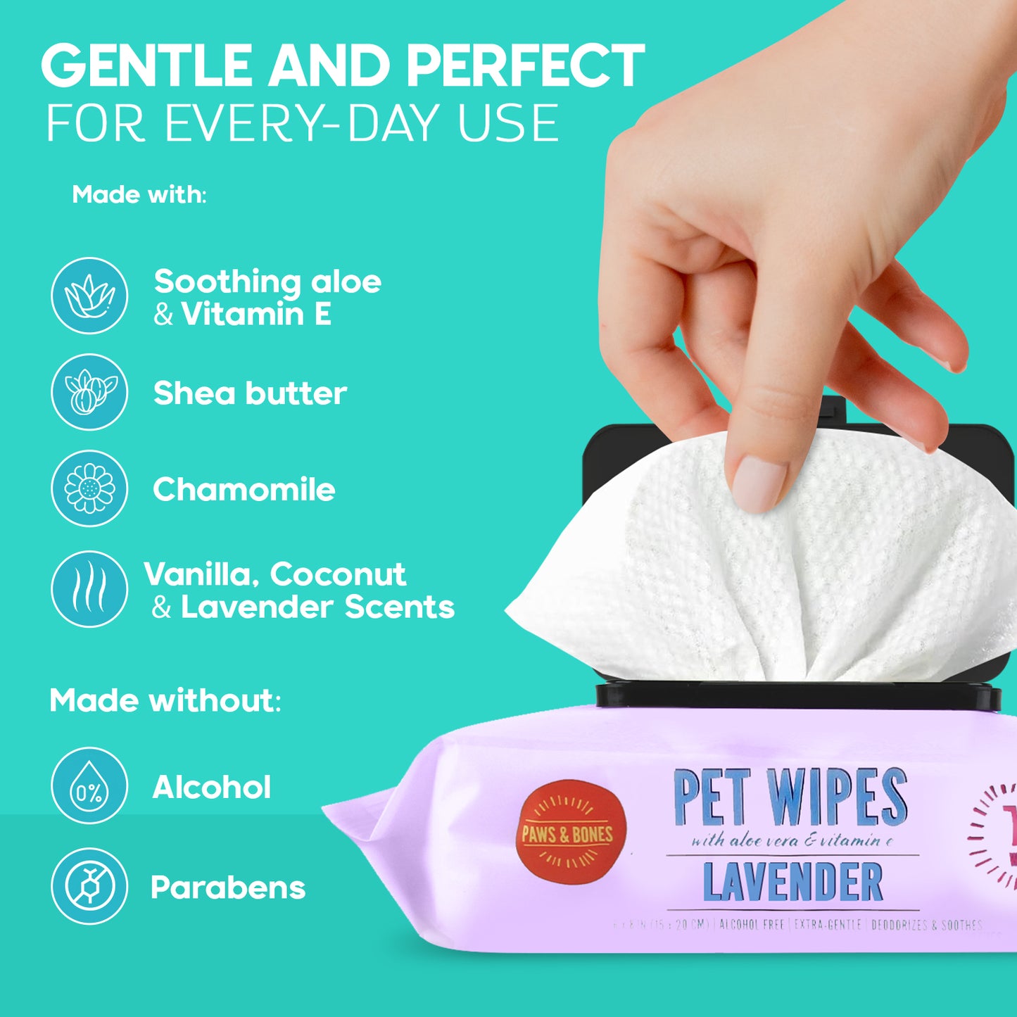 Paws & Bones Pet Wipes for Dogs and Cats in 3-Pack - Grooming Wipes for Butt, Paw, Fur, Eyes, Ears, Face Infused with Aloe & Vitamin E, Gentle Cleansing, Hygienic Cleaning